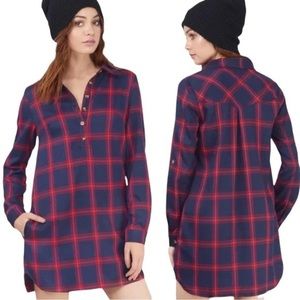 TOBI On Check Flannel Plaid Roll Sleeve Comfy Fall Mini Shirt Dress Navy Red